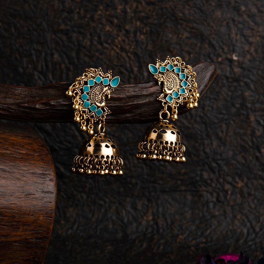 Gold Plated Peacock Design Enamel Artwork Fashion Antique Jhumki Earring- AER 1657