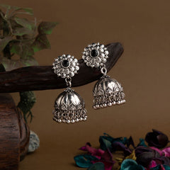 Silver Plated Floral Designed Artwork Stone Studded Antique Jhumki Earring- AER 1658