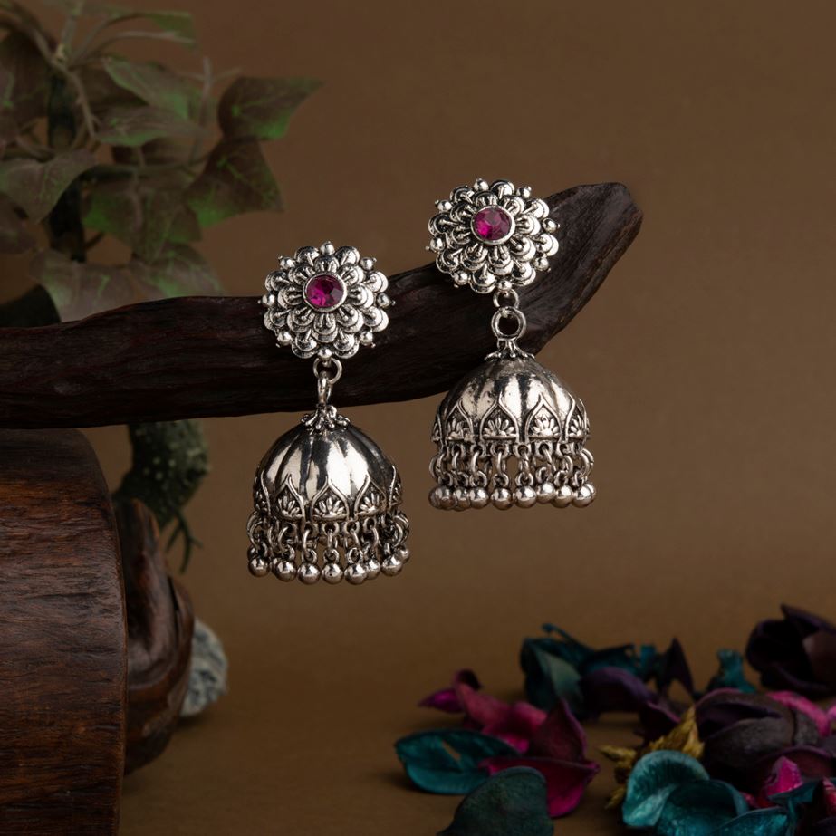 Silver Plated Floral Designed Artwork Stone Studded Antique Jhumki Earring- AER 1658
