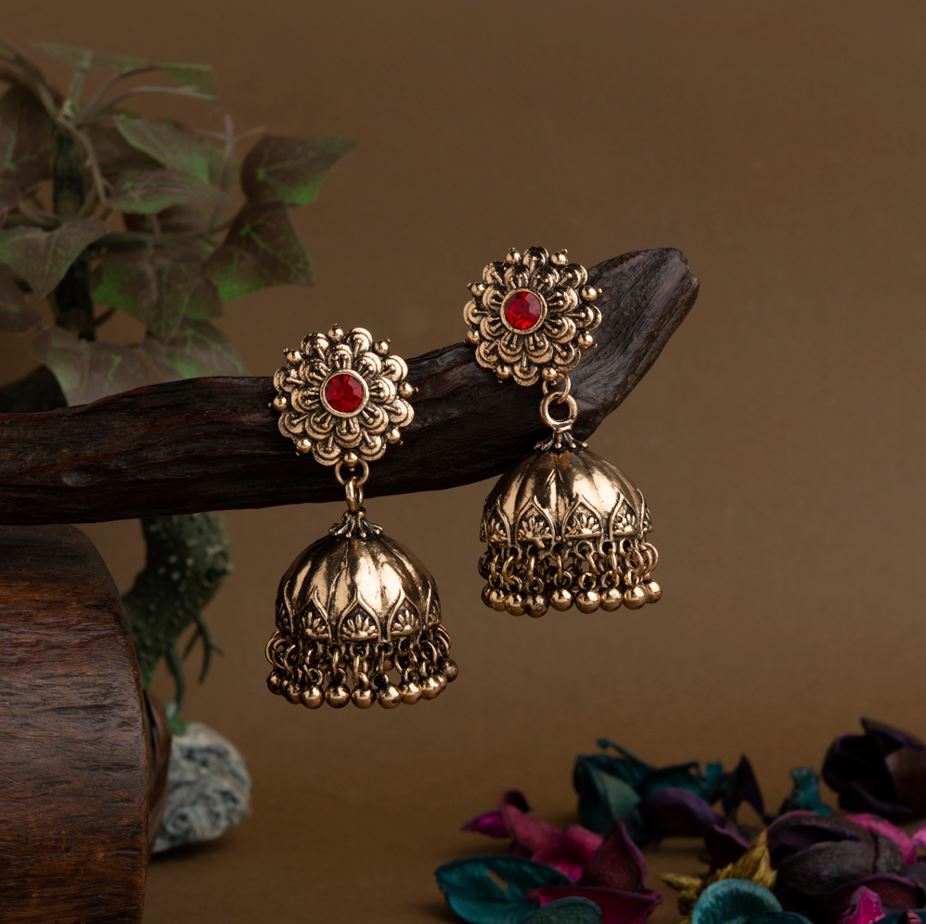 Gold Plated Floral Designed Artwork Stone Studded Antique Jhumki Earring- AER 1659