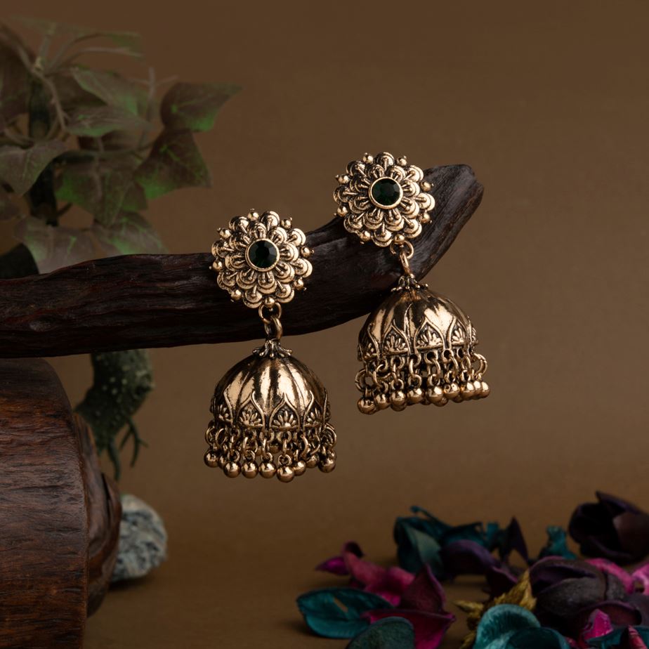Gold Plated Floral Designed Artwork Stone Studded Antique Jhumki Earring- AER 1659