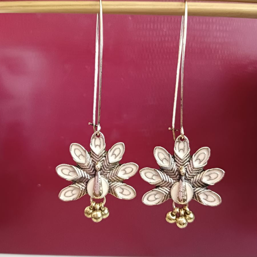 Silver/Gold Plated Long Hook Closure Hanging Peacock Enamel Artwork Design Antique Fashion Earring