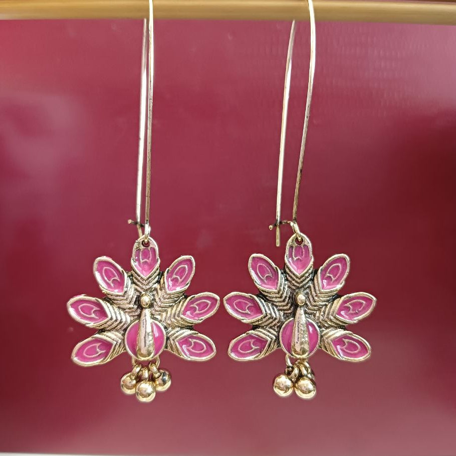 Gold Plated Long Hook Closure Hanging Peacock Enamel Artwork Design Antique Fashion Earring