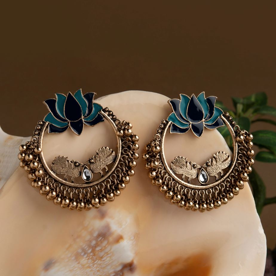 Gold Plated Lotus Designed Dual Colored Enamel With Beads Designed Antique Earring- AER 1692
