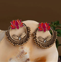 Gold Plated Lotus Designed Dual Colored Enamel With Beads Designed Antique Earring- AER 1692