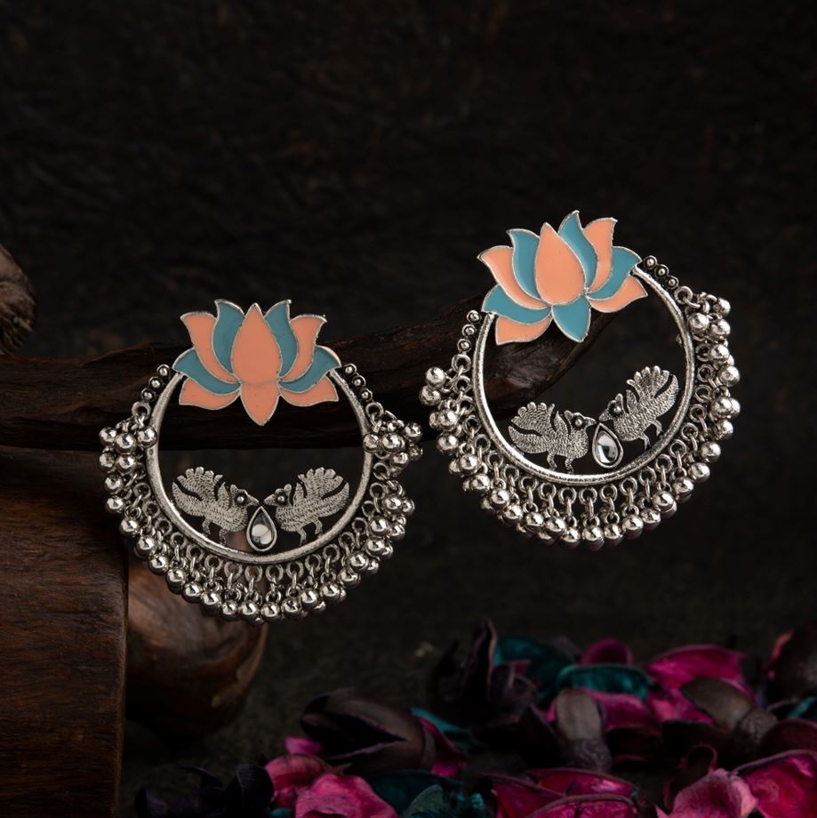 Silver Plated Lotus Designed Dual Colored Enamel With Beads Designed Antique Earring
