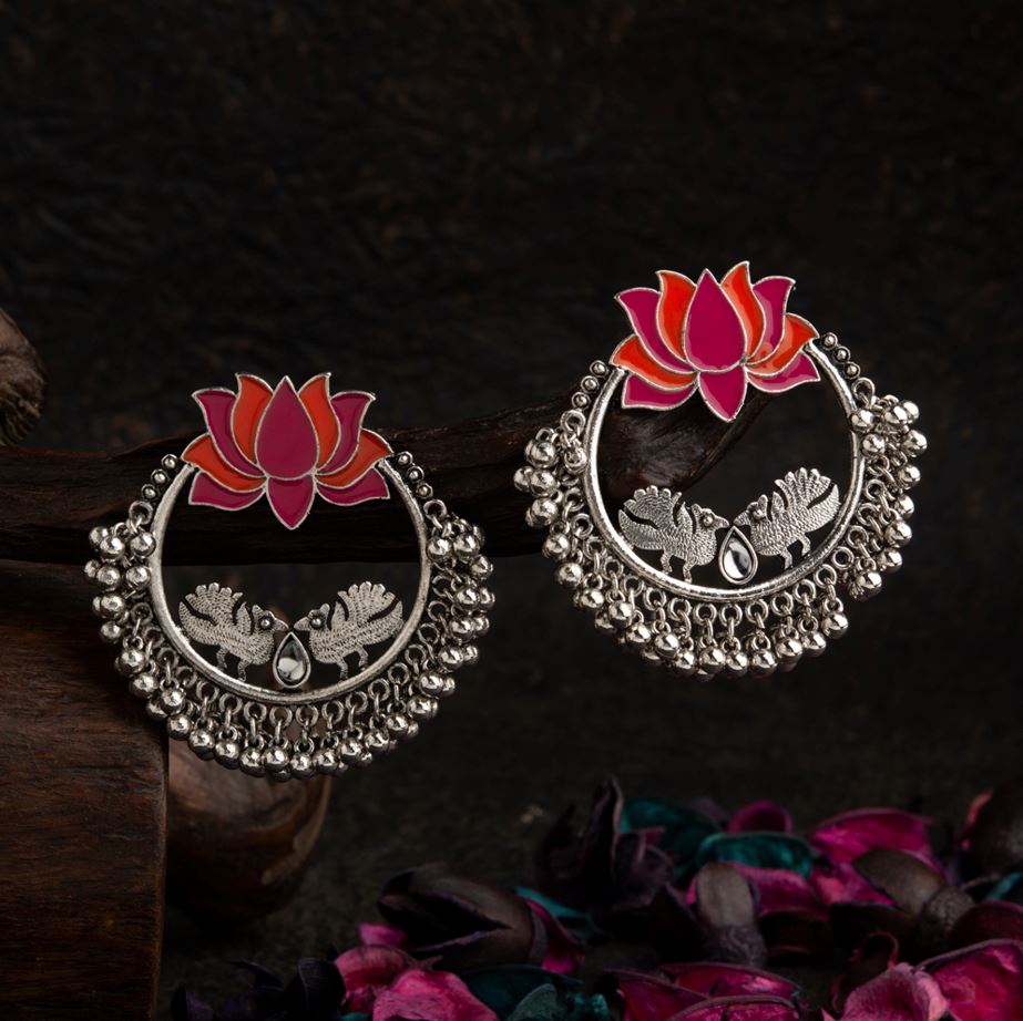 Silver Plated Lotus Designed Dual Colored Enamel With Beads Designed Antique Earring- AER 1693