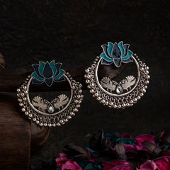 Silver Plated Lotus Designed Dual Colored Enamel With Beads Designed Antique Earring- AER 1693
