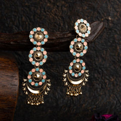 Antique Gold Plated Dual Colored Floral Enamel Design With Chandbali Shaped Hanging Beads Fashion Earring- AER 1694