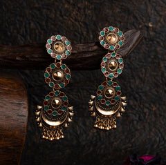 Antique Gold Plated Dual Colored Floral Enamel Design With Chandbali Shaped Hanging Beads Fashion Earring- AER 1694