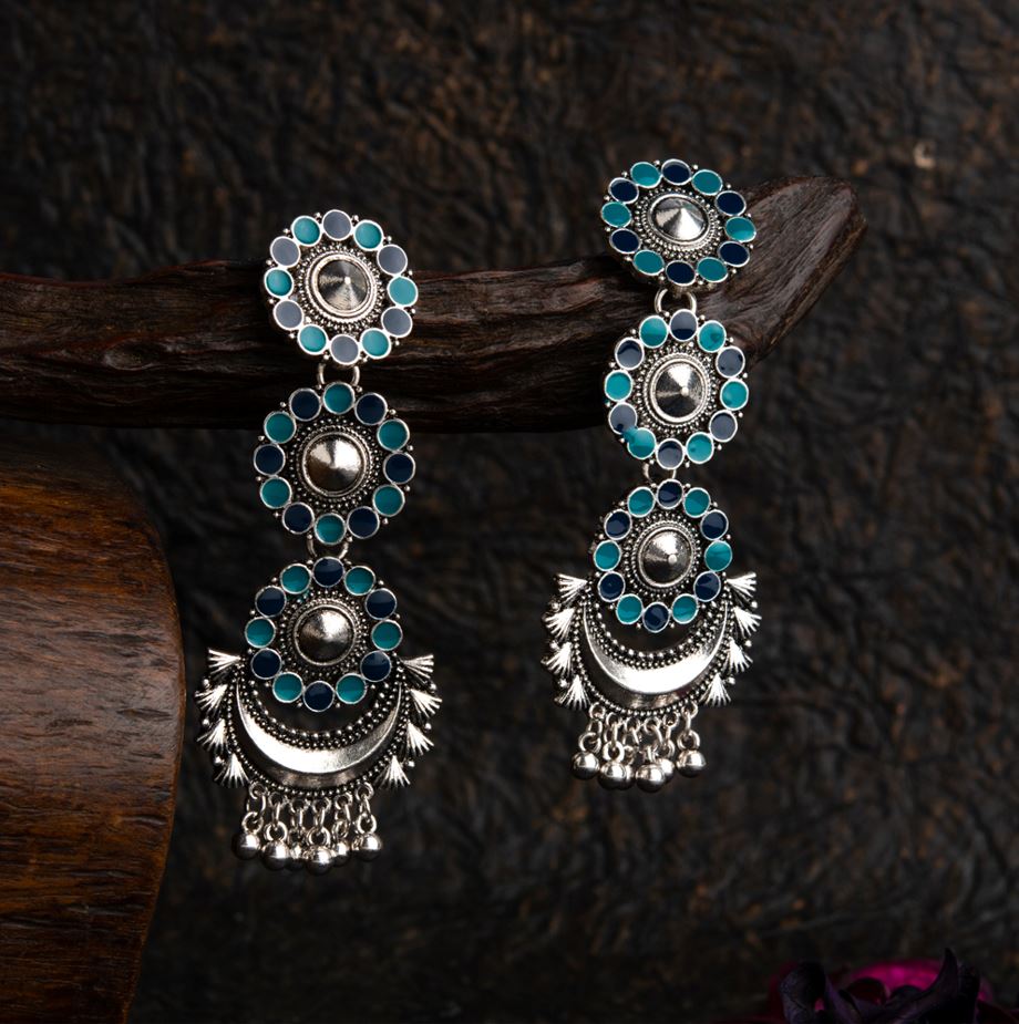 Antique Silver Plated Dual Colored Floral Enamel Design With Chandbali Shaped Hanging Beads Fashion Earring- AER 1695