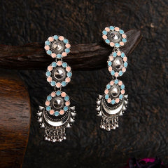 Antique Silver Plated Dual Colored Floral Enamel Design With Chandbali Shaped Hanging Beads Fashion Earring- AER 1695