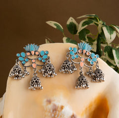 Silver Plated Lotus Designed Dual Coloured Enamel With Triple Jhumki Fashion Antique Earring- AER 1698