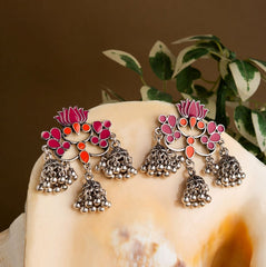 Silver Plated Lotus Designed Dual Coloured Enamel With Triple Jhumki Fashion Antique Earring- AER 1698