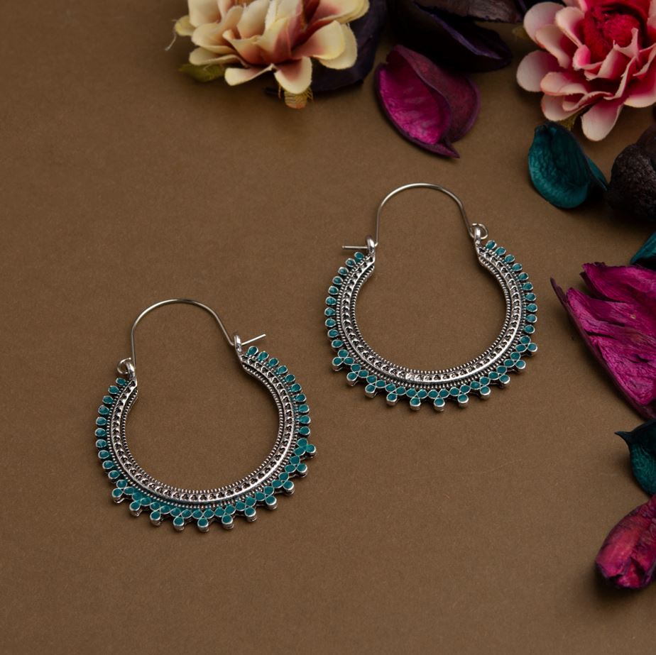 Silver Plated Enamel Artwork Design Hoop Style Antique Earring