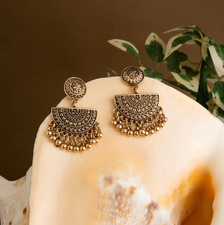 Silver / Gold Plated Geometric Artwork Design With Beads Fashion Anique Oxidised Earring