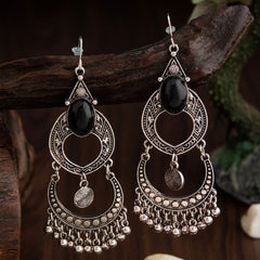 Antique Silver / Gold Plated Black Stone Studded Design Artwork Fashion Earring- AER 1723