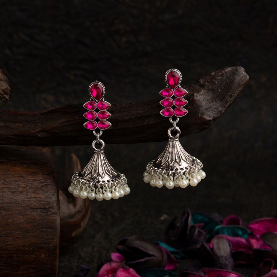 Silver Plated Stone Studded Fashion Antique Jhumki Earring- AER 1725
