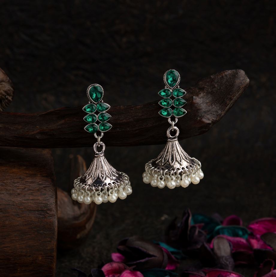 Silver Plated Stone Studded Fashion Antique Jhumki Earring- AER 1725