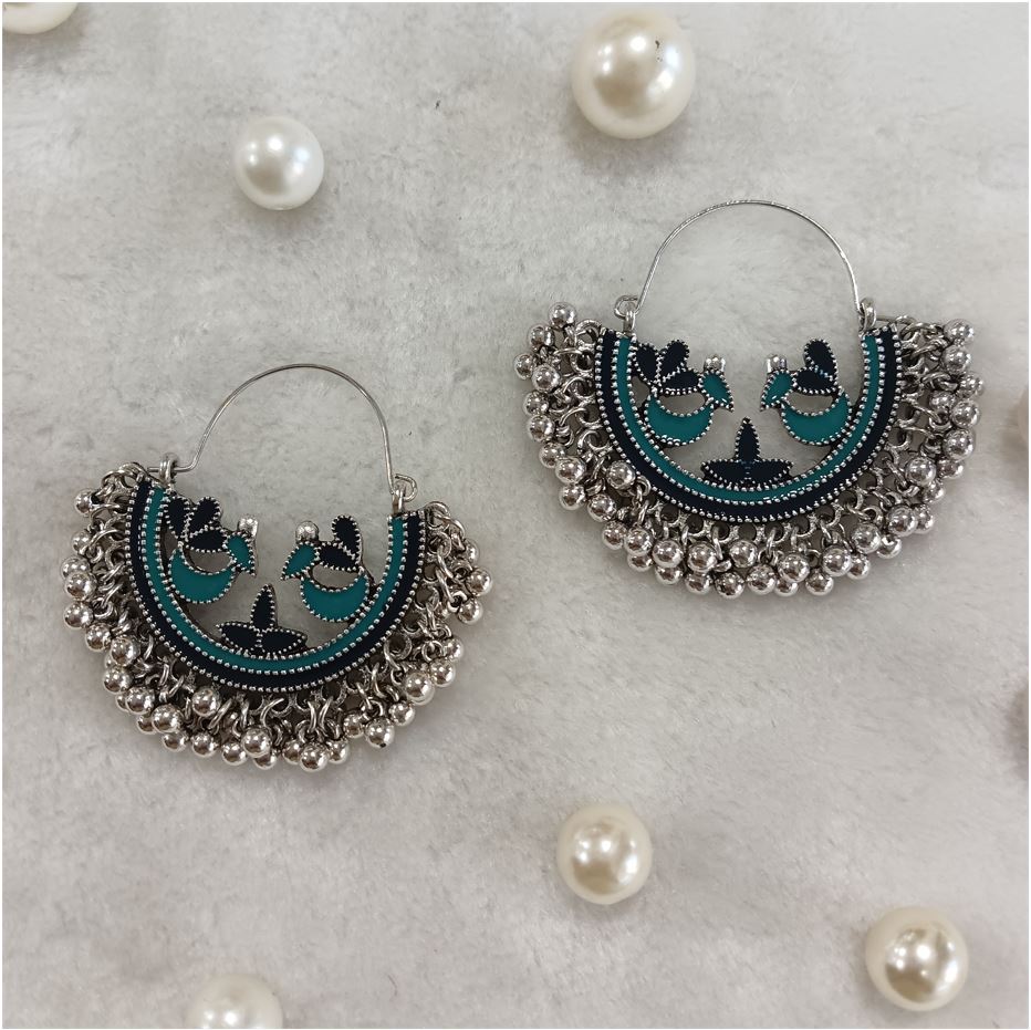 Silver Plated Dual Colored Enamel Artwork Design With Beads Fashion Antique Earring- AER 1726