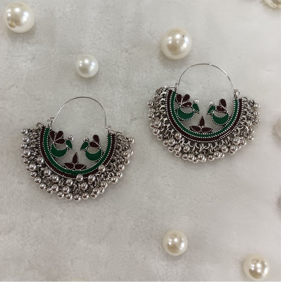 Silver Plated Dual Colored Enamel Artwork Design With Beads Fashion Antique Earring- AER 1726