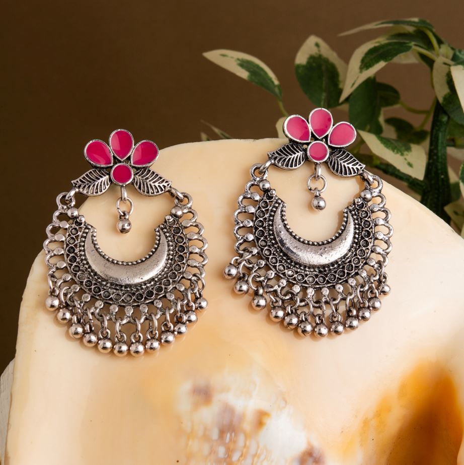 Silver Plated Floral Enamel Artwork Chandbali Style With Beads Fashion Antique Oxidised Earring- AER 1733