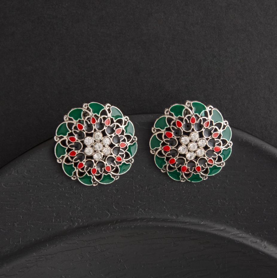 Oxidized Silver Plated Flower Shape Enamel Artwork Stone Studded Antique Earring