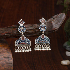 Silver Plated Geometric Shaped Enamel Artwork With Dangling Chain Fashion Antique Earring- AER 2187