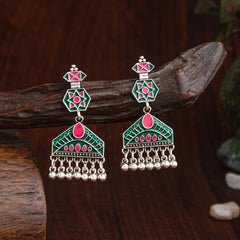 Silver Plated Geometric Shaped Enamel Artwork With Dangling Chain Fashion Antique Earring- AER 2187