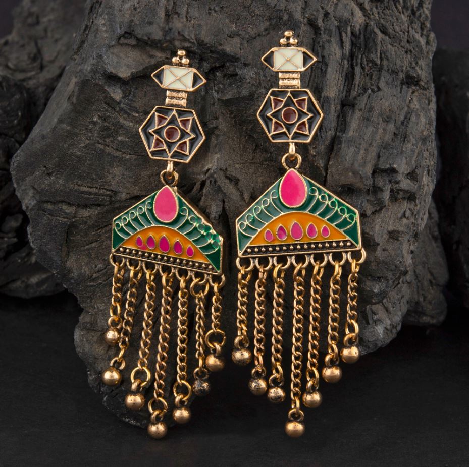 Gold/Silver Plated Geometric Shaped Enamel Artwork With Dangling Chain Fashion Antique Earring