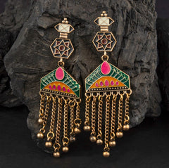 Gold Plated Geometric Shaped Enamel Artwork With Dangling Chain Fashion Antique Earring- AER 2188
