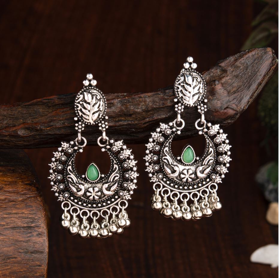 Oxidised Silver Plated Chand Bali Shaped Designed Artwork With Antique Jhumka Earring- AER 2198