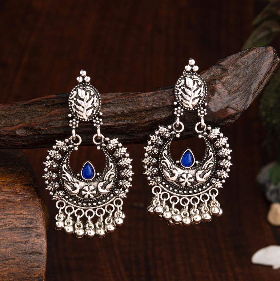 Oxidised Silver Plated Chand Bali Shaped Designed Artwork With Antique Jhumka Earring