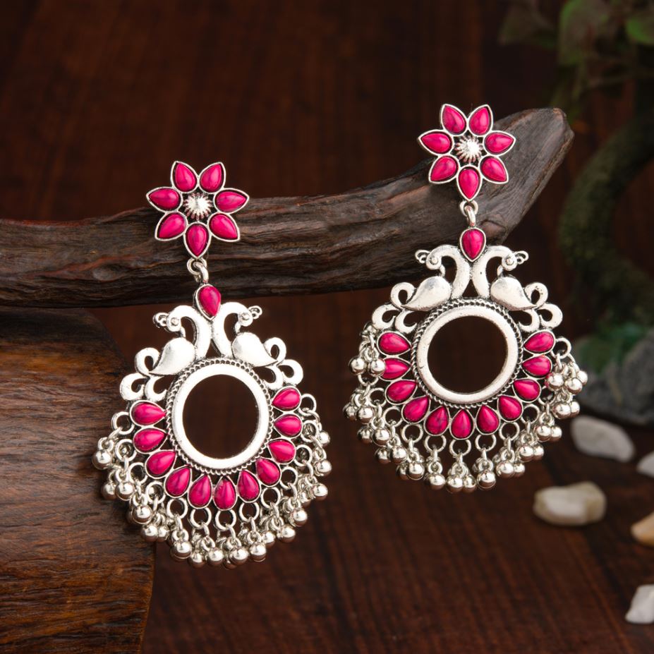 Oxidised Silver Plated Floral Peacock Designed Kundan Studded With Beads Antique Fashion Earring- AER 2199
