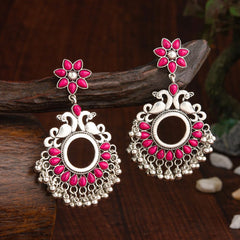 Oxidised Silver Plated Floral Peacock Designed Kundan Studded With Beads Antique Fashion Earring- AER 2199