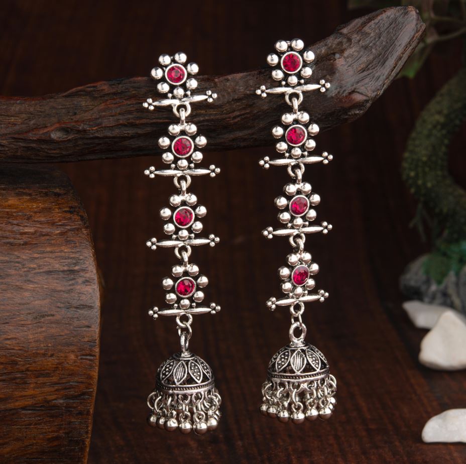 Oxidised Silver Plated Stone Studded Four Layered Flower Linked  With Antique Jhumka Earring