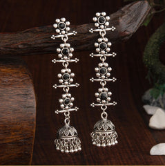 Oxidised Silver Plated Stone Studded Four Layered Flower Linked  With Antique Jhumka Earring- AER 2200