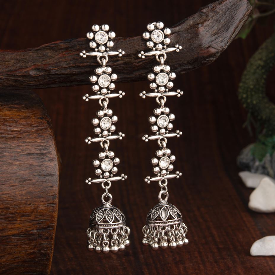 Oxidised Silver Plated Stone Studded Four Layered Flower Linked  With Antique Jhumka Earring