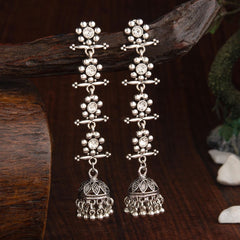 Oxidised Silver Plated Stone Studded Four Layered Flower Linked  With Antique Jhumka Earring- AER 2200