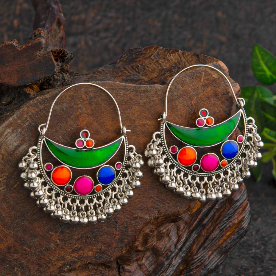 Silver Plated Chand Bali Style Multicolored Enamel Artwork Antique Earring- AER 2201
