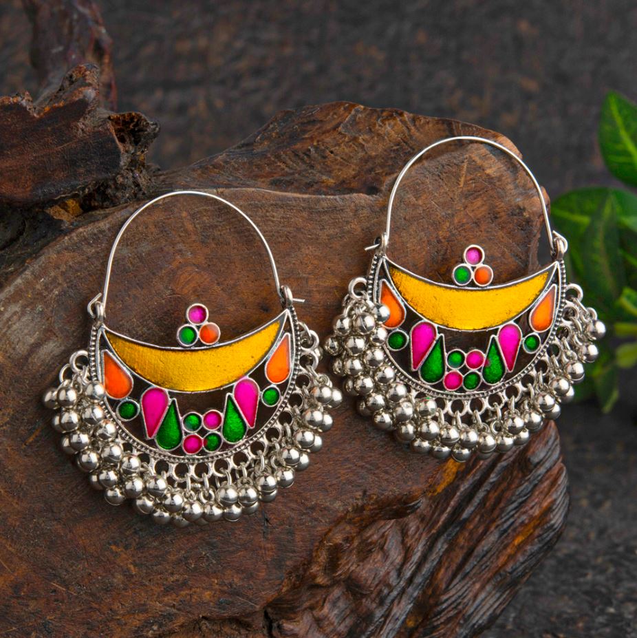 Silver Plated Chand Bali Style Multicolored Enamel Artwork Antique Earring- AER 2201