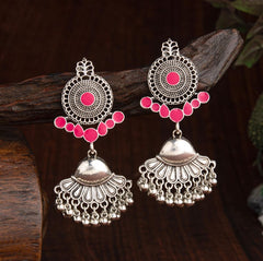 Oxidised Silver Plated Geometric Shaped Enamel Artwork With Hanging Beads Fashion Antique Earring- AER 2203