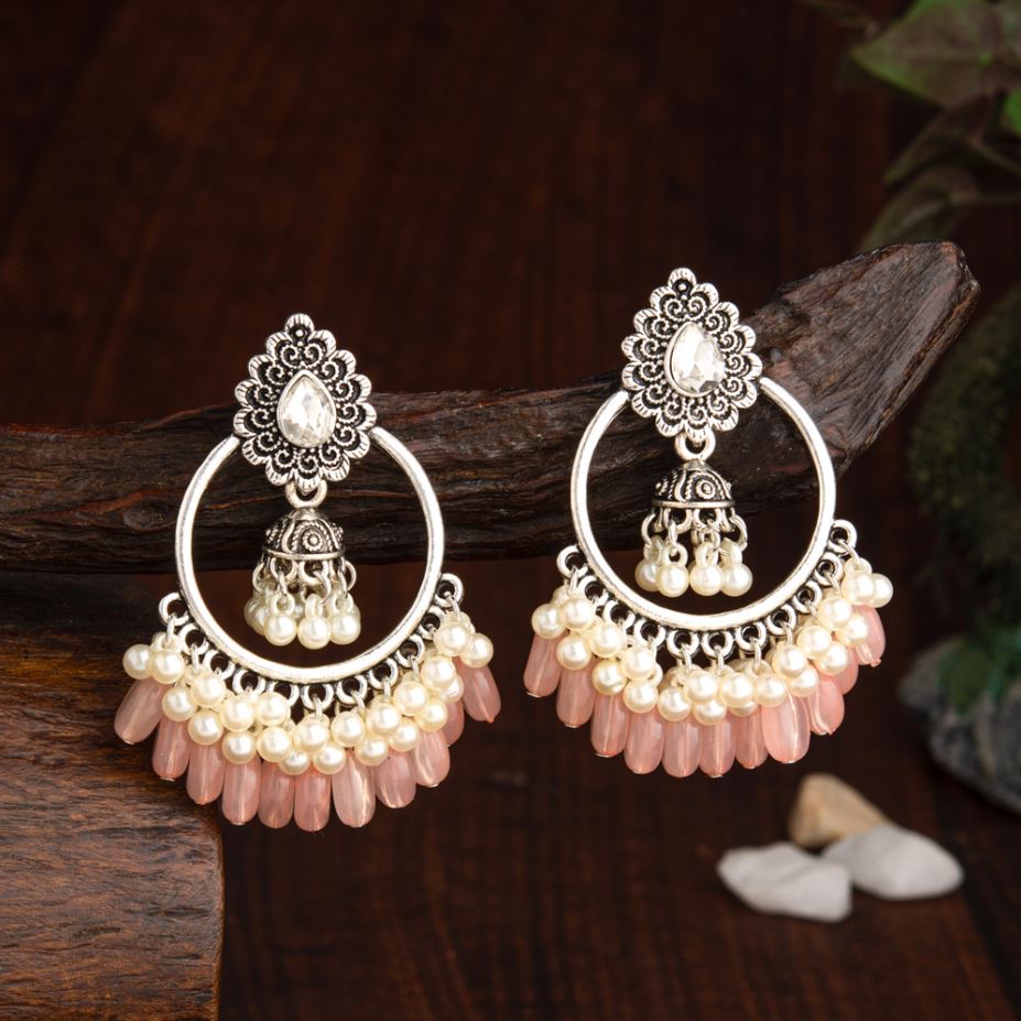 Silver Plated Round Shaped Designed Artwork With Droplet Pearl &amp; Colorful Beads Fashion Antique Earring- AER 2206