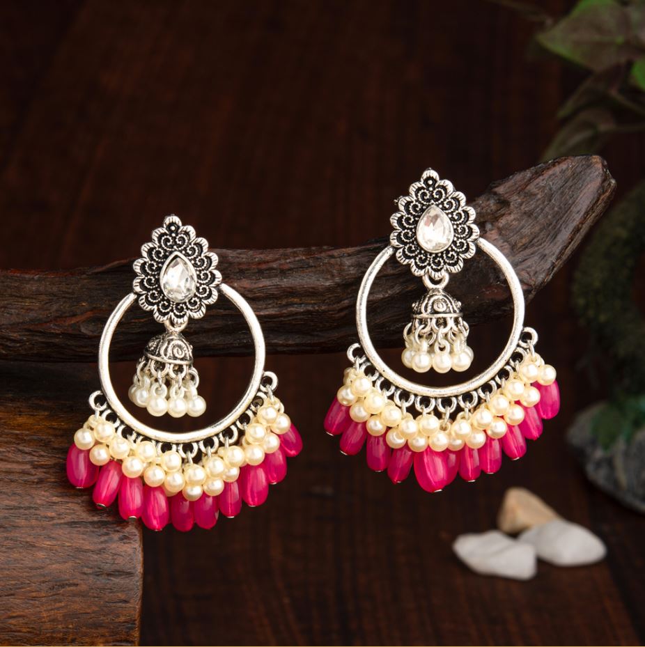 Silver Plated Round Shaped Designed Artwork With Droplet Pearl &amp; Colorful Beads Fashion Antique Earring