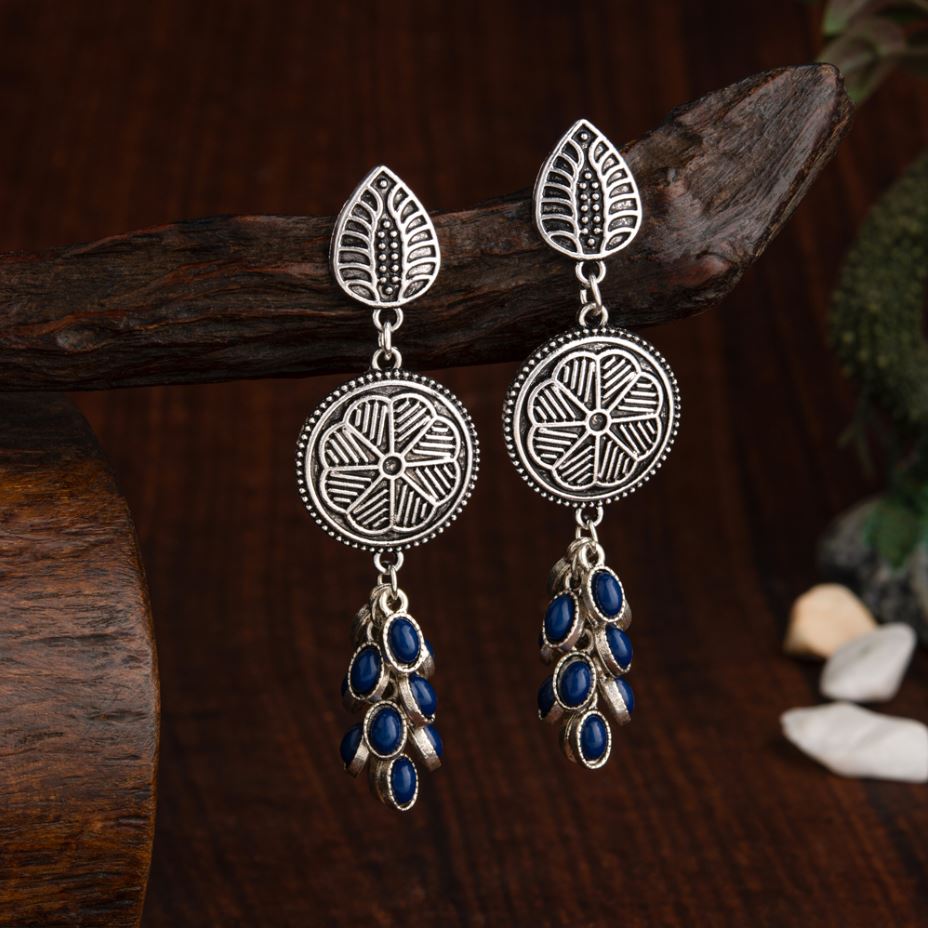 Antique Silver Plated Geometric Shaped Designed Artwork With Dangling Stone Studded Fashion Antique Earring