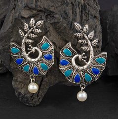 Silver Plated Peacock Designed Dual Enamel Work With Hanging Pearl Fashion Antique Earring- AER 2209