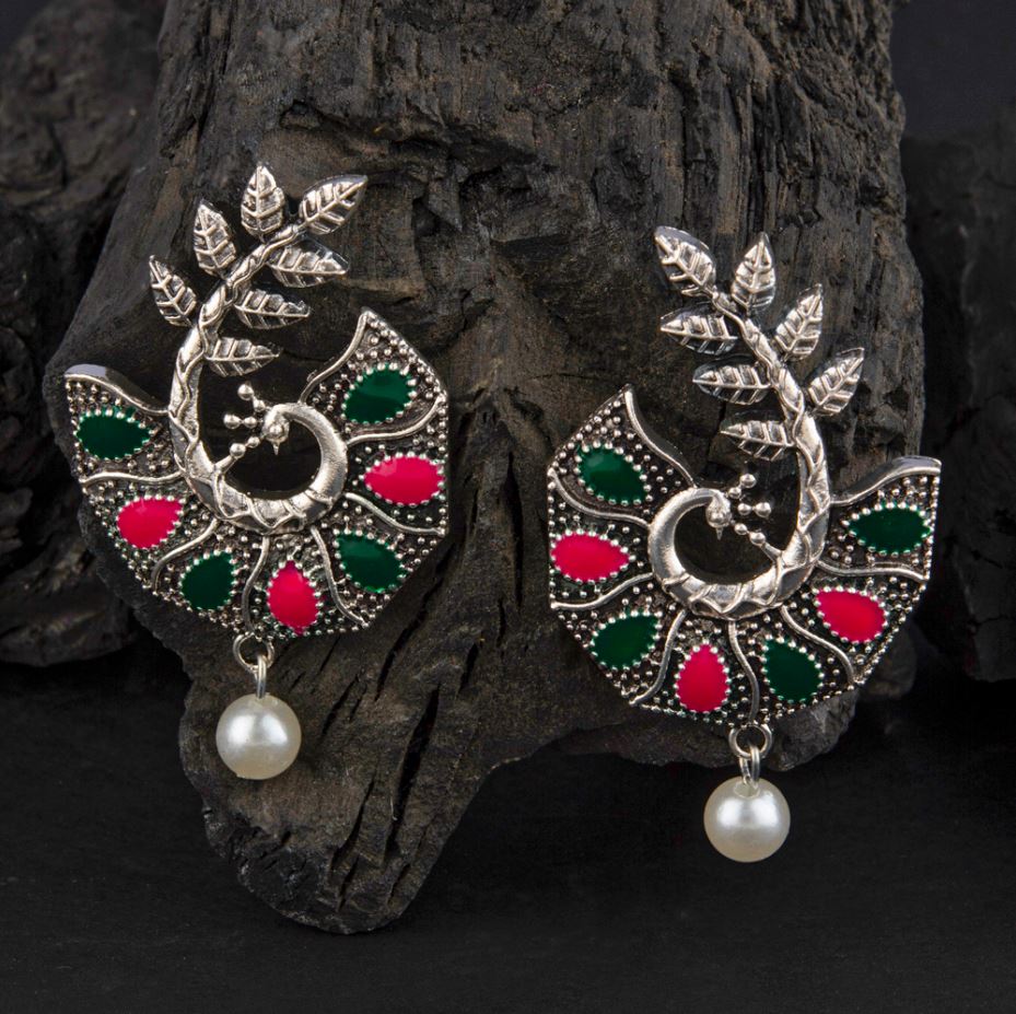 Silver Plated Peacock Designed Dual Enamel Work With Hanging Pearl Fashion Antique Earring- AER 2209