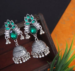 Antique Silver Plated Lotus Designed Jhumka Dangle Earring- AER 2798