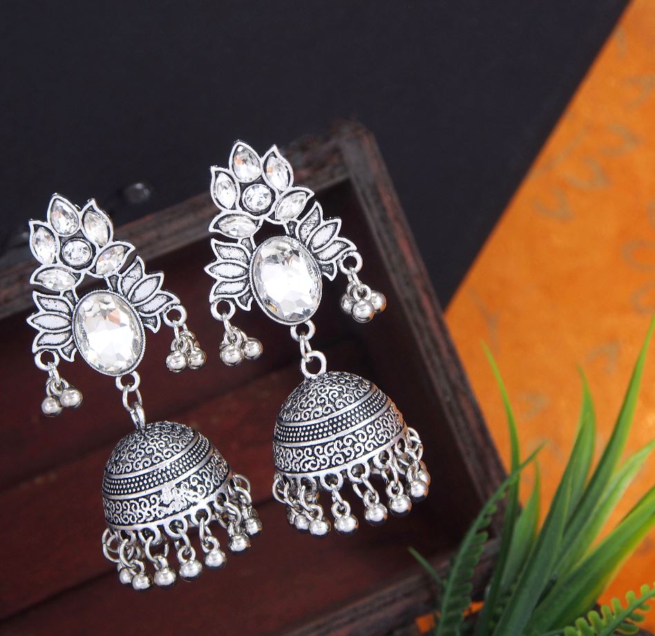 Antique Silver Plated Lotus Designed Jhumka Dangle Earring- AER 2798