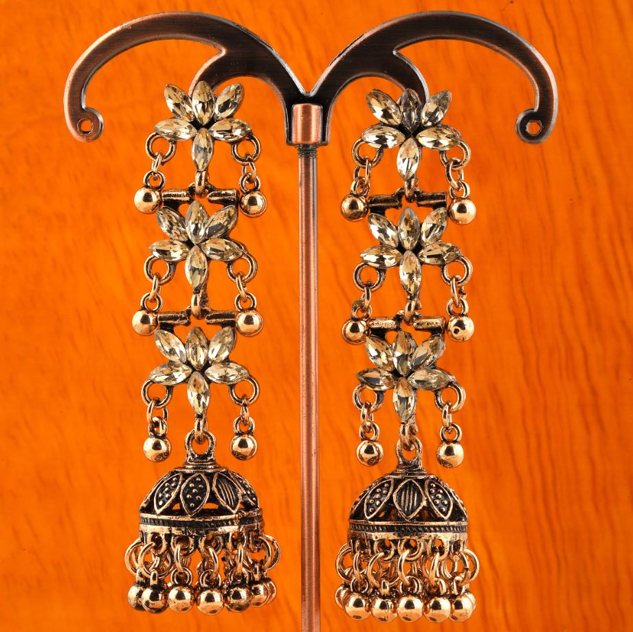 Antique Gold/Silver Plated Triple Layered Floral Stone Artwork Jhumki Earring- AER 290